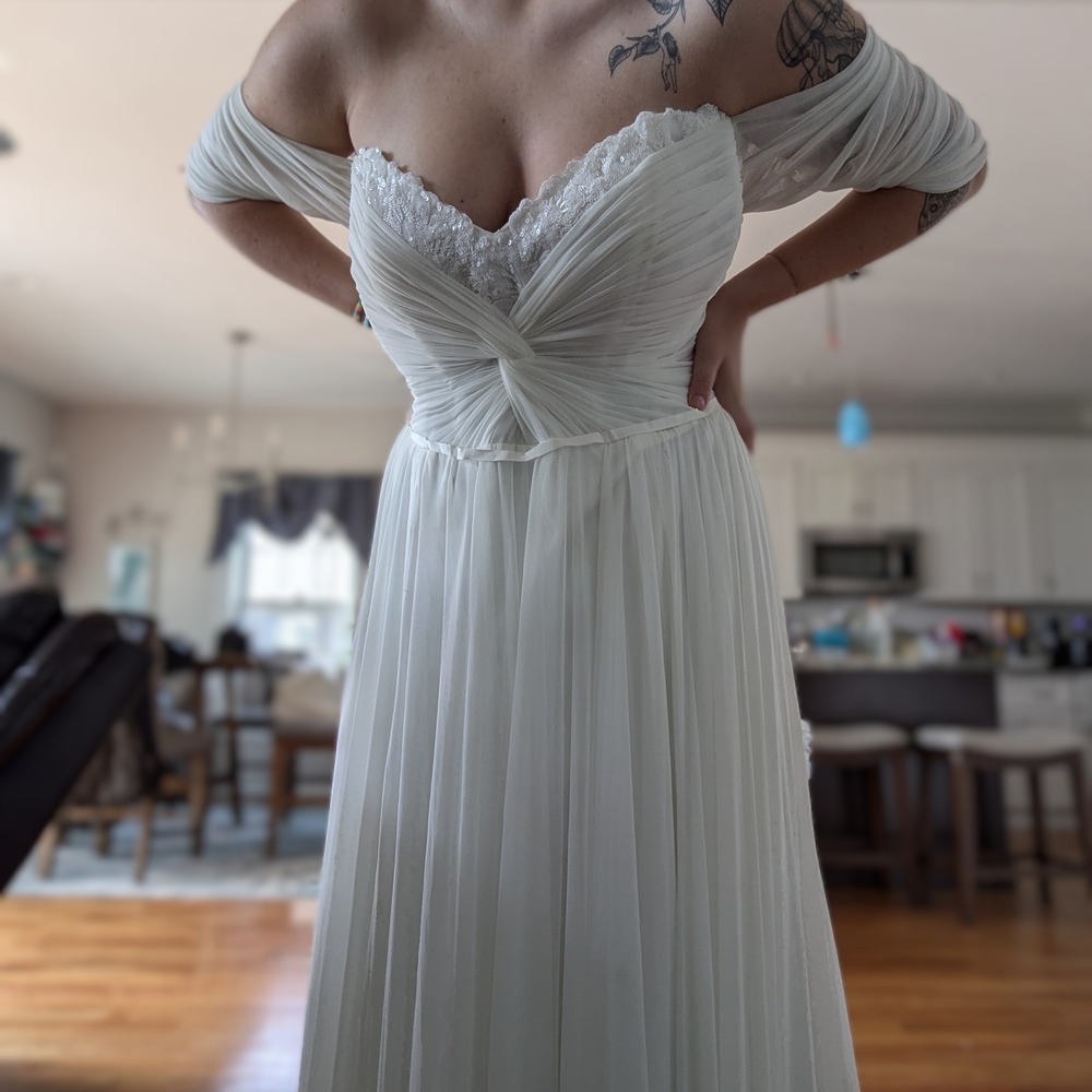 "Wtoo By Miles" By Watters Elegant Off-Shoulder Mesh Sleeve White Wedding Dress